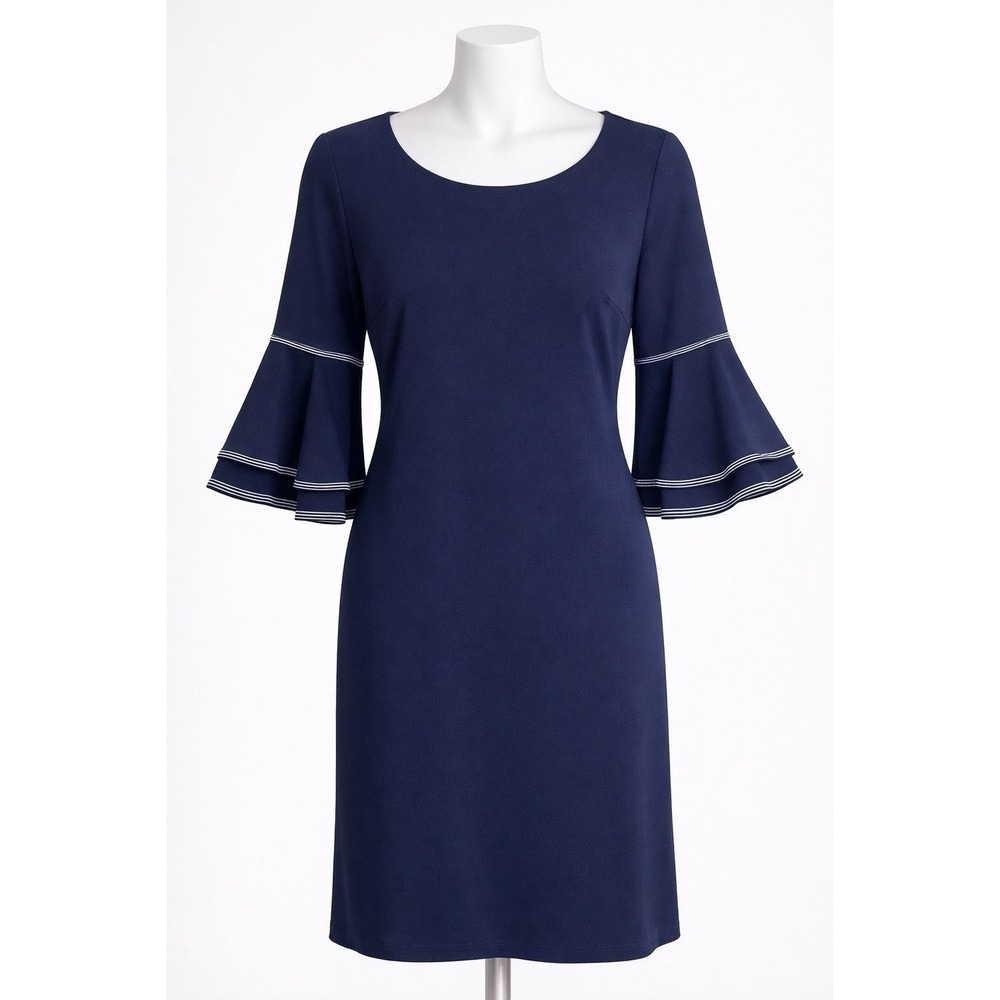 Sharagano Navy Bell Sleeve Dress Womens 8 Sheath Stretch Work Career Office